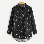 Romwe Flamingo Print Button Front Dip Hem Blouse