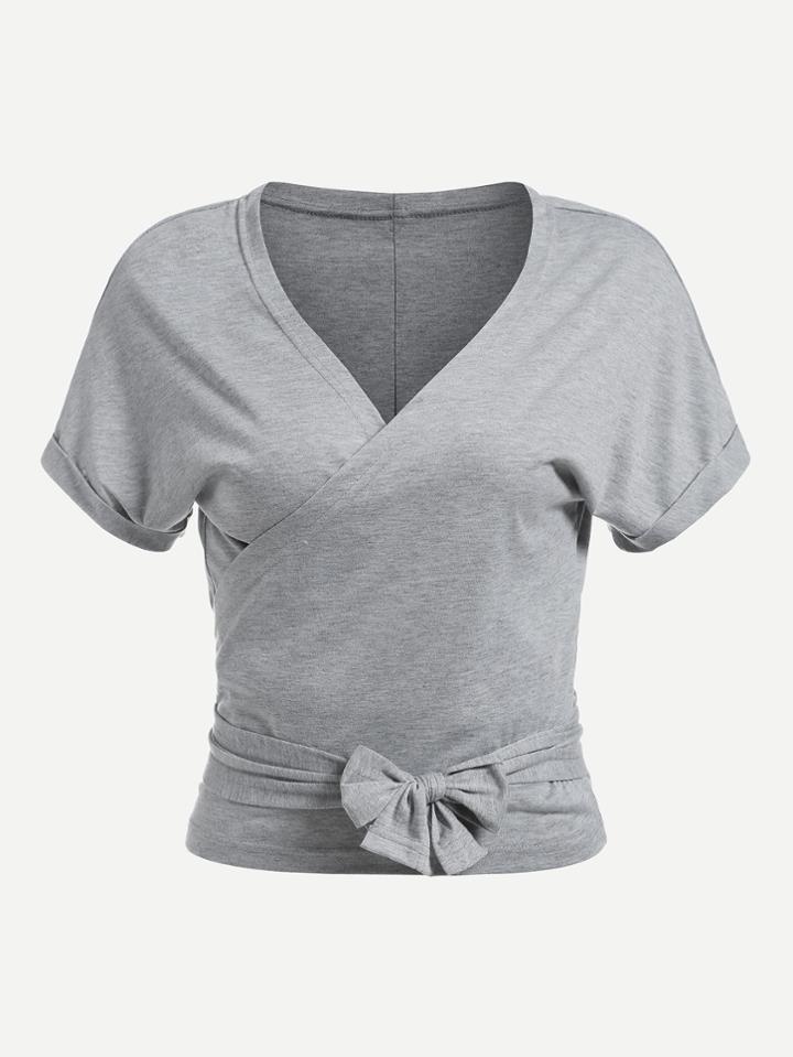 Romwe Knot Front Cuffed Wrap Tee