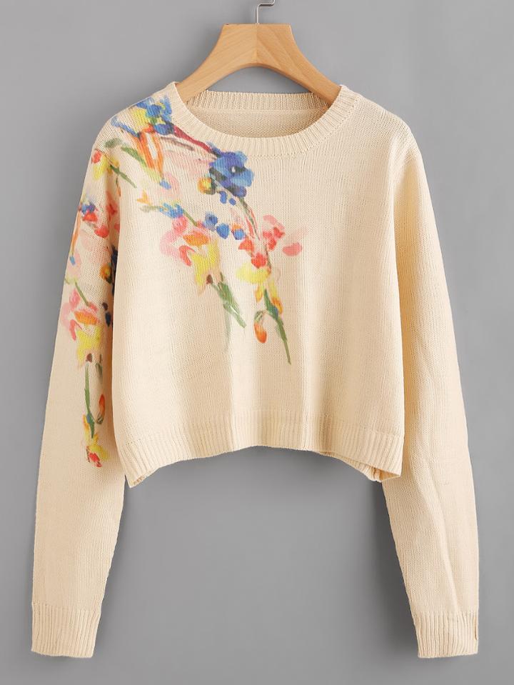 Romwe Flower Print Crop Jumper