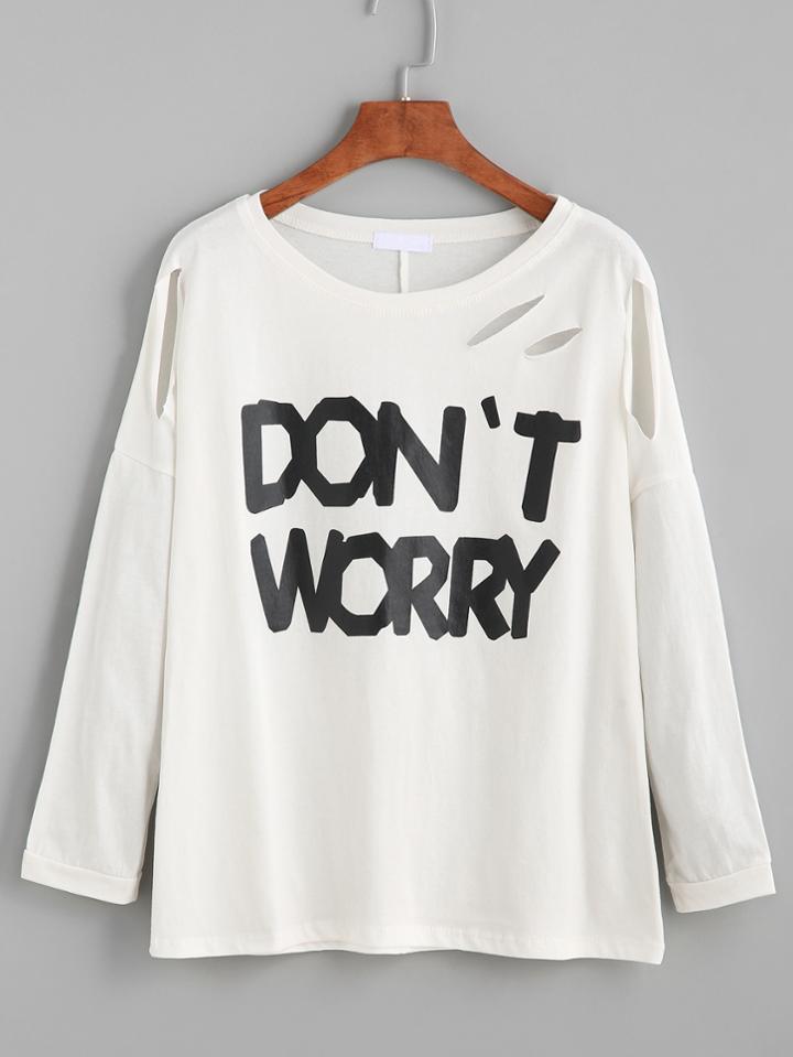 Romwe White Slogan Print Drop Shoulder Distressed T-shirt