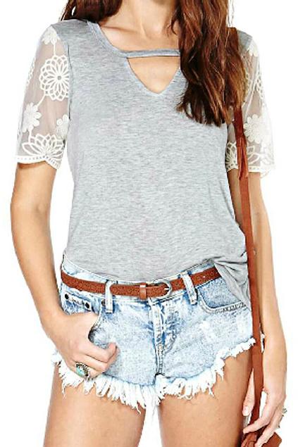 Romwe Romwe Embroidered Mesh Panel V-neck Light Grey T-shirt