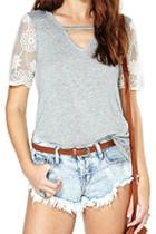 Romwe Romwe Embroidered Mesh Panel V-neck Light Grey T-shirt