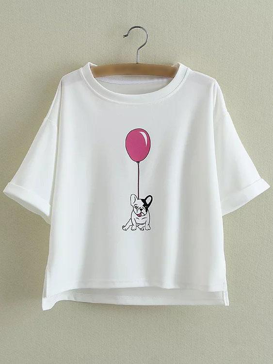 Romwe White Roll Cuff Dipped Hem Dog Balloon Print T-shirt