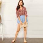 Romwe Ruffle V-neck Floral Blouse