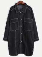 Romwe Drop Shoulder Pockets Denim Coat With Stitch Detail