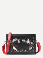 Romwe Flower Embroidery Pu Crossbody Bag With Studded