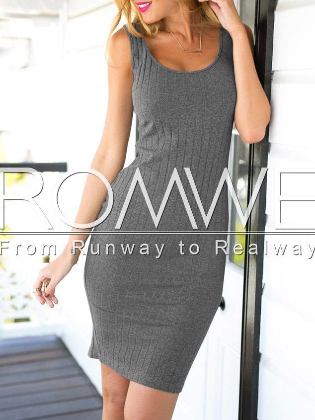Romwe Grey Sleeveless Split Back Ribbed Sheath Dress