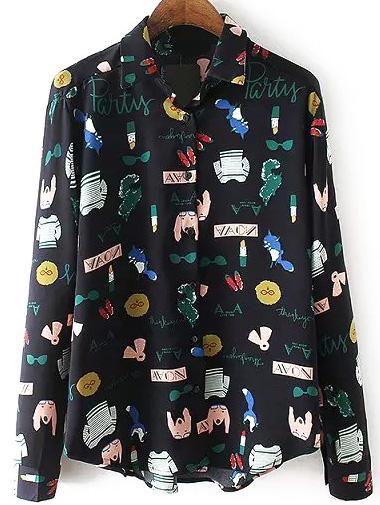 Romwe Lapel Print Black Blouse