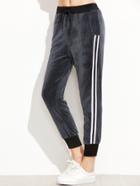 Romwe Dark Grey Ribbed Trim Striped Side Velvet Pants