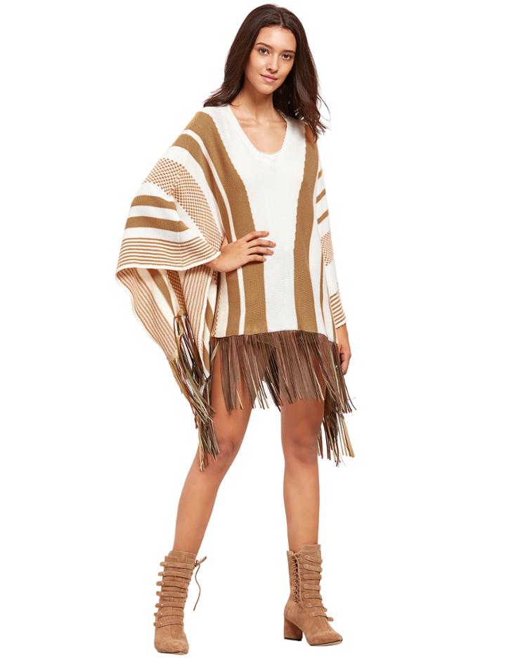 Romwe White Striped Batwing Sleeve Tassel Hem Sweater