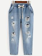 Romwe Blue Ripped Bleach Wash Drawstring Jeans