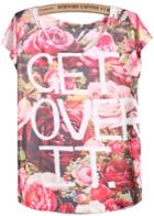 Romwe Red White Short Sleeve Floral Letters Print T-shirt