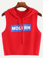 Romwe Red Letter Print Hooded Crop Top