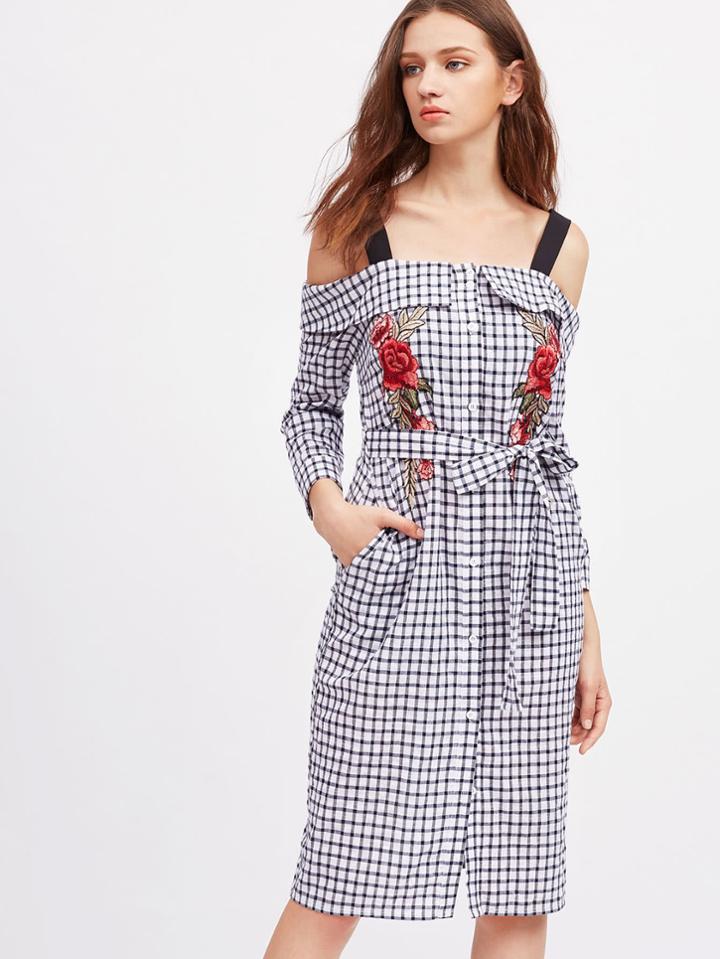Romwe Foldover Cold Shoulder Symmetric Flower Patch Checkered Shirt Dress