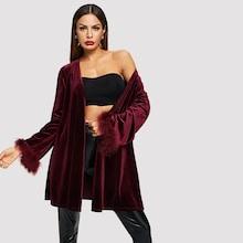 Romwe Faux Fur Cuff Belted Velvet Coat