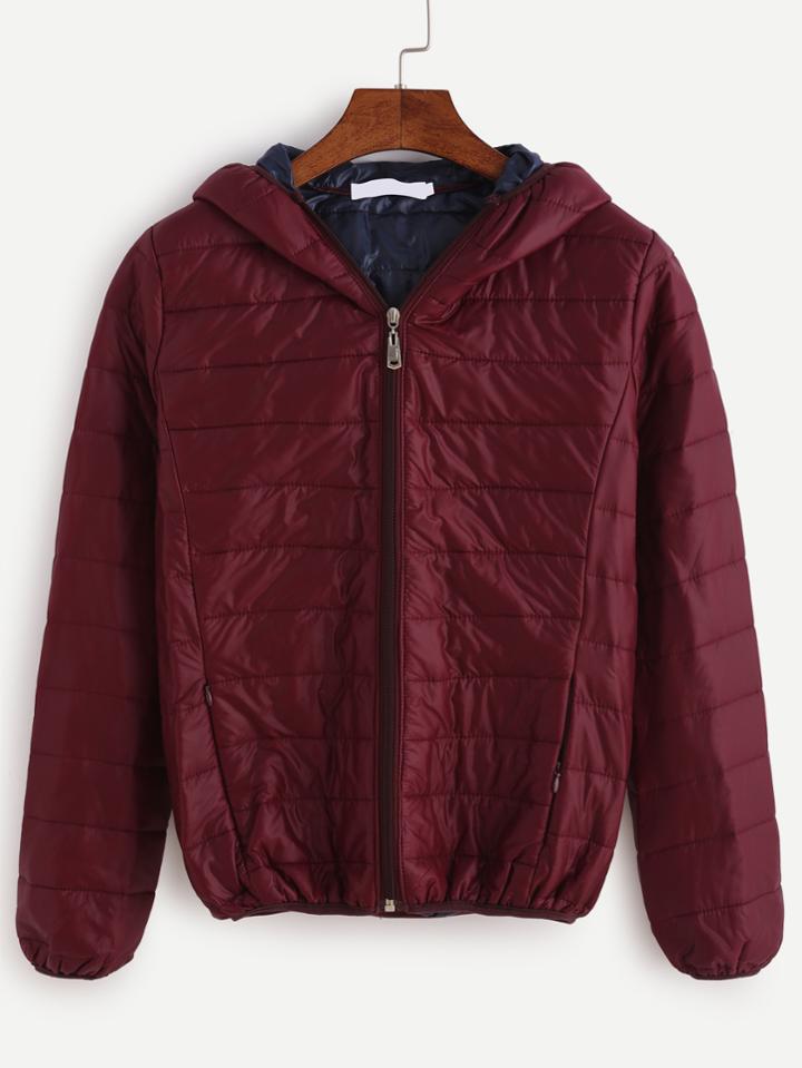 Romwe Burgundy Contrast Lining Elastic Trim Hooded Coat