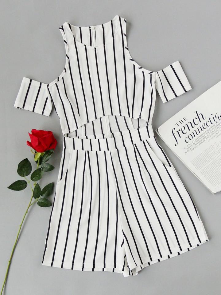 Romwe Open Shoulder Striped Cut Out Romper