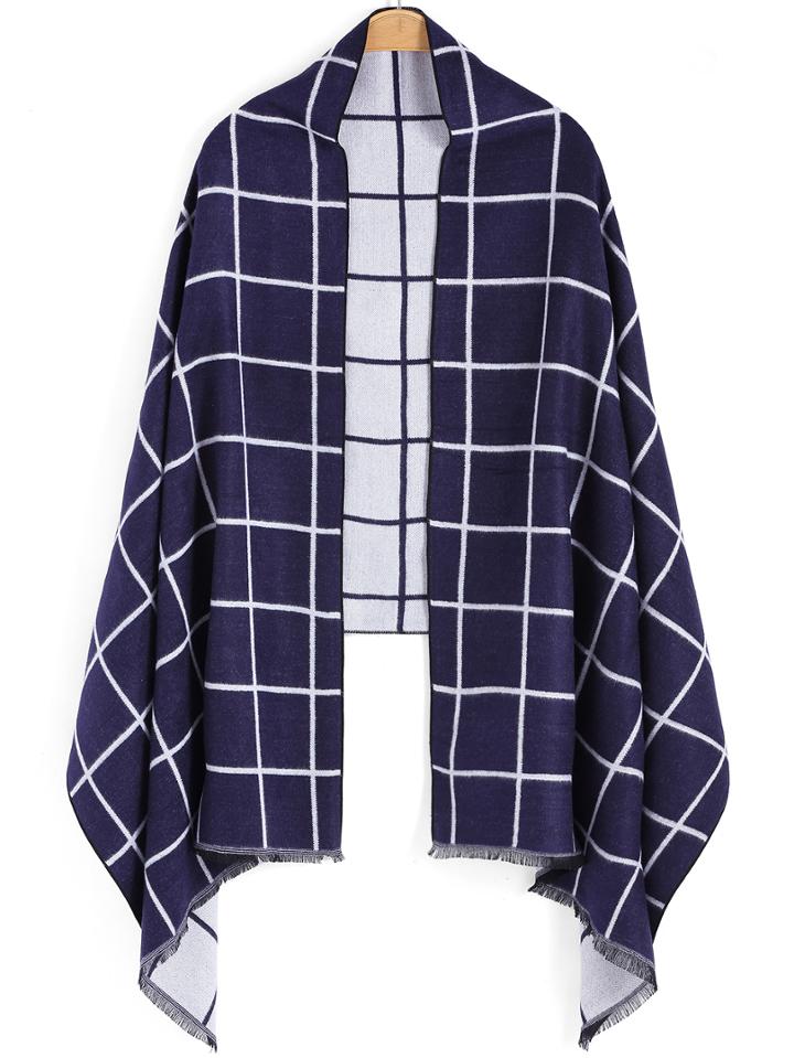 Romwe Plaid Fringe Blue Scarf