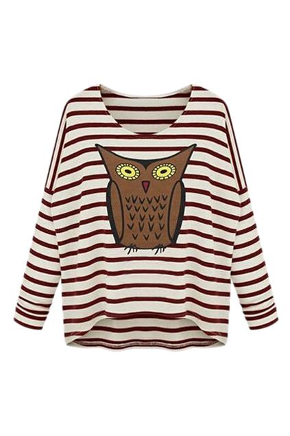 Romwe Cute Owl Print Striped Blouse