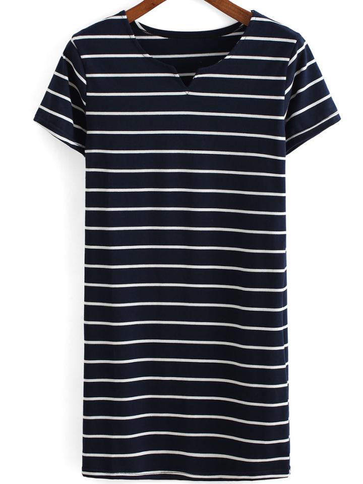 Romwe V Neck Striped Navy Dress