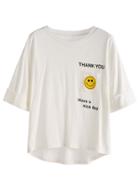 Romwe White Smile Letters Print Dip Hem Cuffed T-shirt