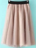 Romwe Elastic Waist With Bead Mesh Pink Skirt