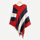Romwe Wide Striped Fringe Hem Poncho Sweater