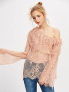 Romwe Frill One Shoulder Fluted Sleeve Lace Top