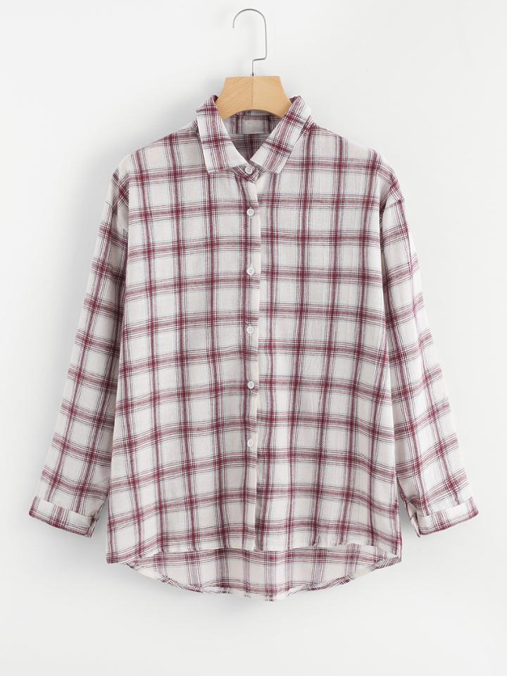 Romwe Dip Hem Plaid Shirt