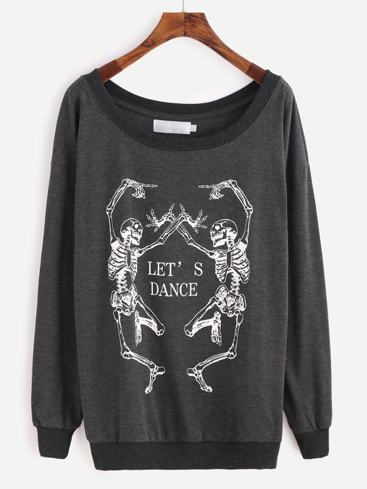 Romwe Black Print Scoop Neck Dropped Shoulder Seam Sweatshirt