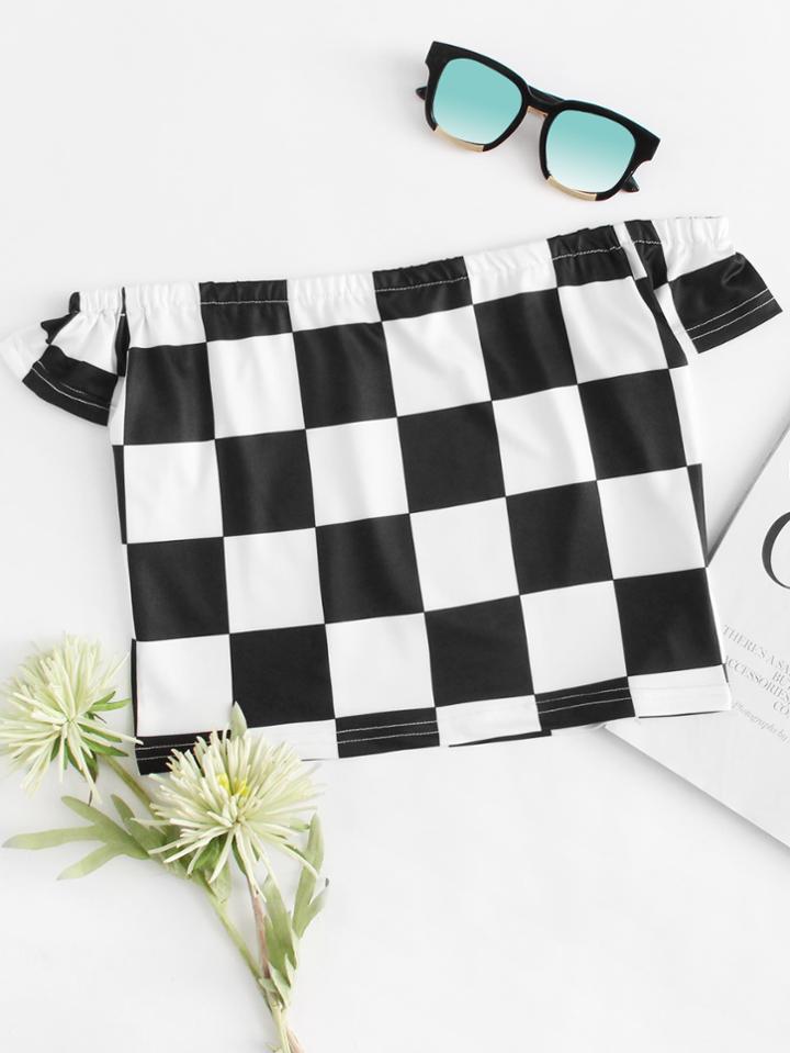 Romwe Off Shoulder Check Plaid Tee