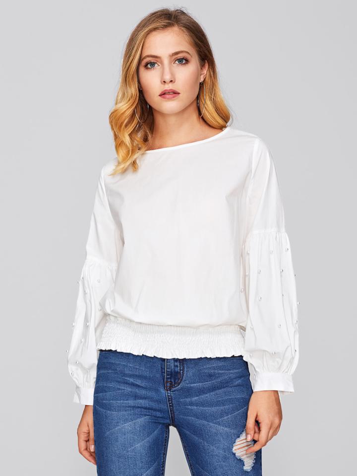 Romwe Pearl Beaded Lantern Sleeve Shirred Hem Top