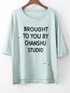 Romwe Green Short Sleeve Letters Printed Hole T-shirt