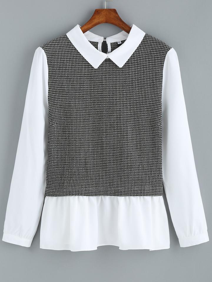 Romwe Contrast Collar Plaid Peplum Hem Black Blouse