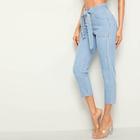 Romwe Bleach Wash Button Fly Belted Crop Jeans