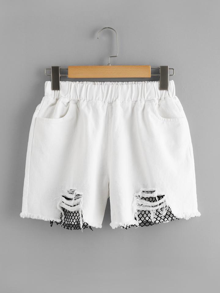 Romwe Fishnet Panel Ripped Shorts
