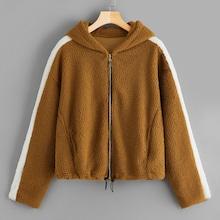 Romwe Cut And Sew Zip-up Drawstring Hem Hooded Jacket