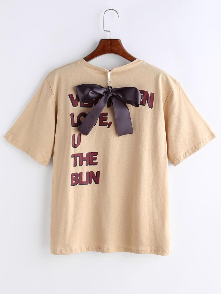 Romwe Letter Print T-shirt With Bow