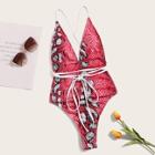 Romwe Snakeskin Open Back Self Tie High Leg One Piece Swim