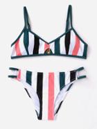 Romwe Roman Striped Cut Out Front Bikini Set