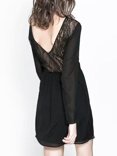 Romwe Lace Insert Open Back Chiffon Dress