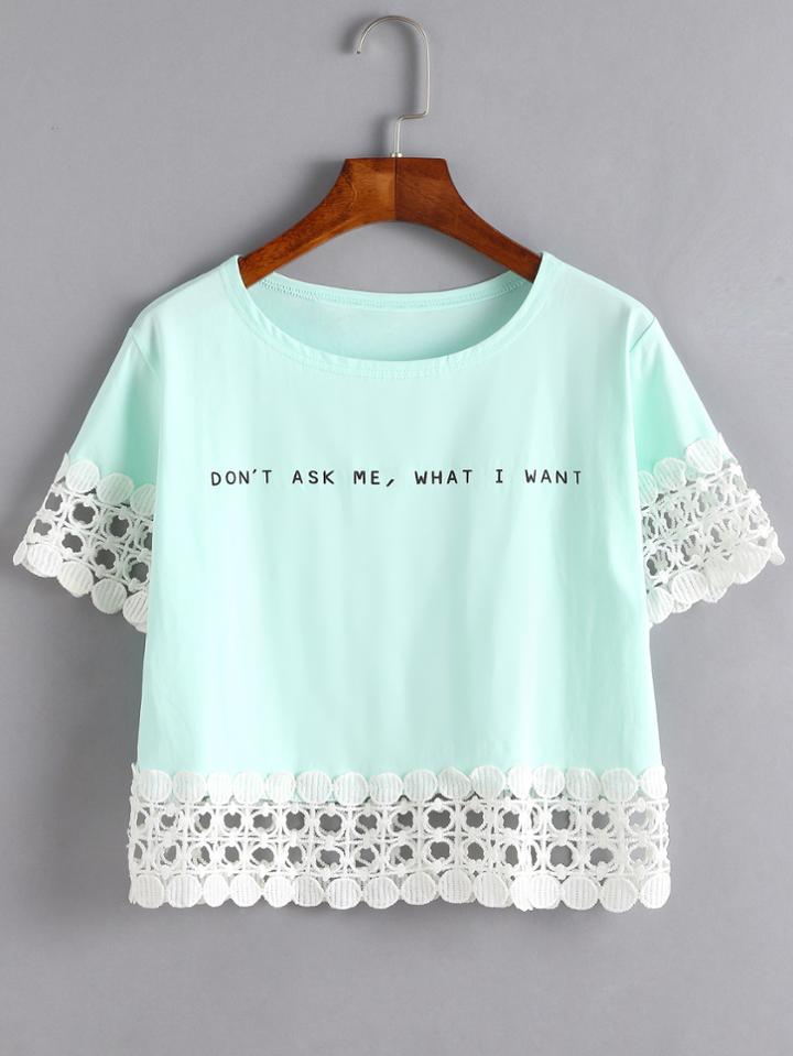Romwe Green Slogan Print Contrast Crochet Trim T-shirt