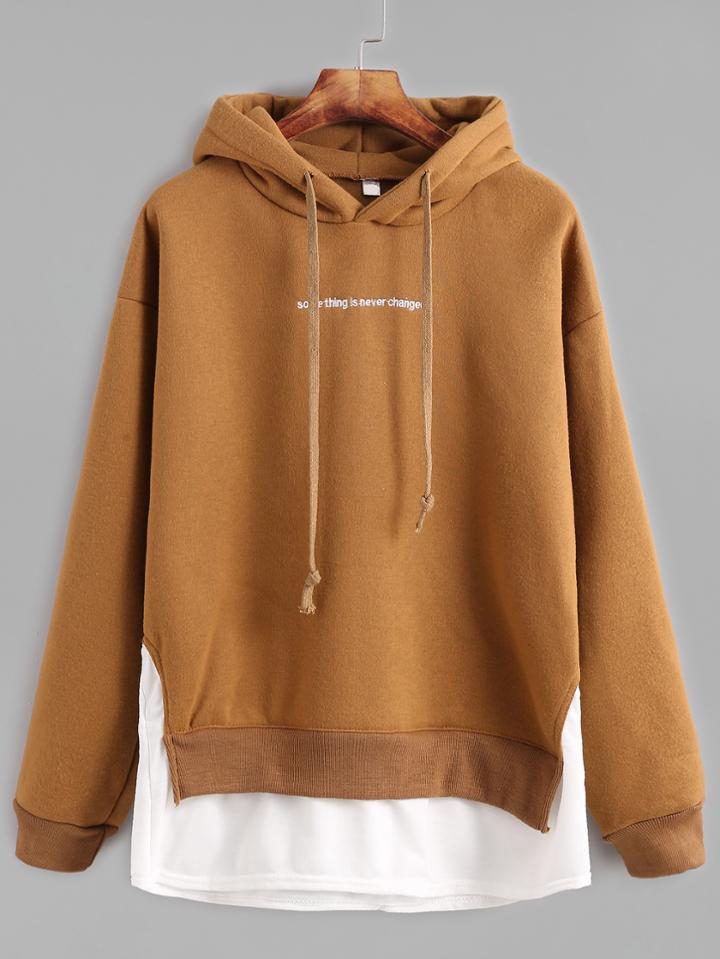Romwe Brown Contrast Hem Letter Embroidery Drawstring Hooded Sweatshirt