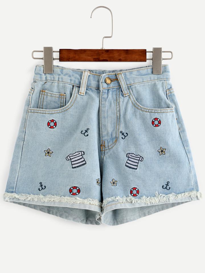 Romwe Blue Embroidered Frayed Roll Hem Denim Shorts