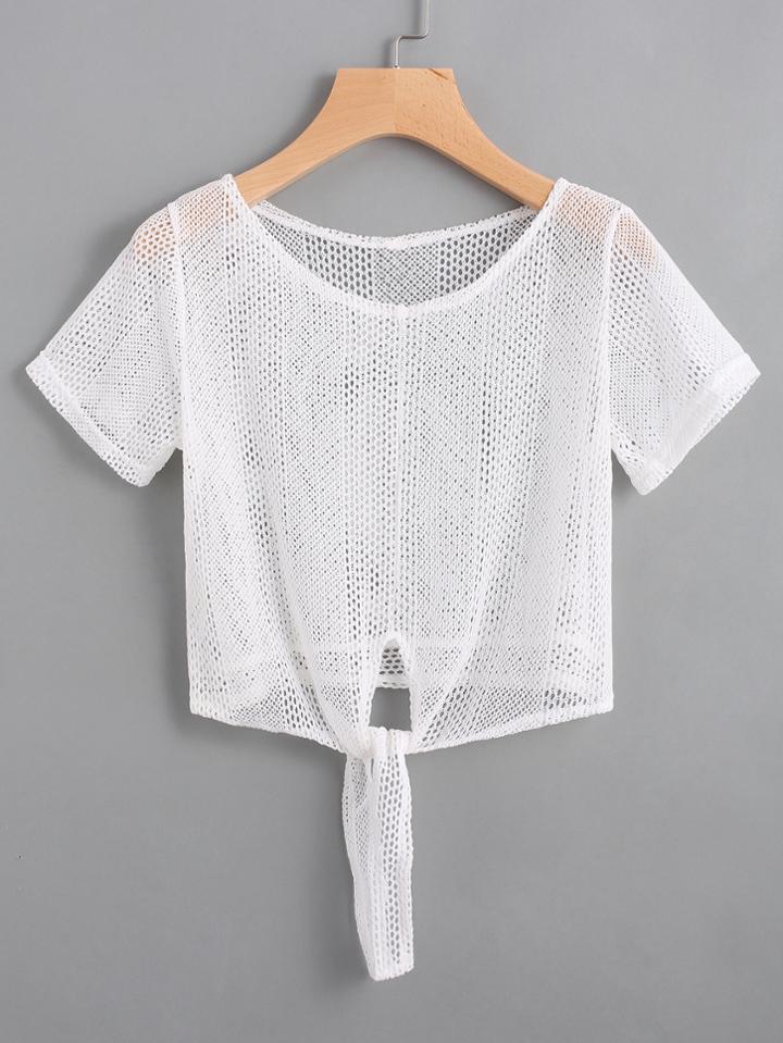 Romwe Self Tie Front Hollow Out Lace Top