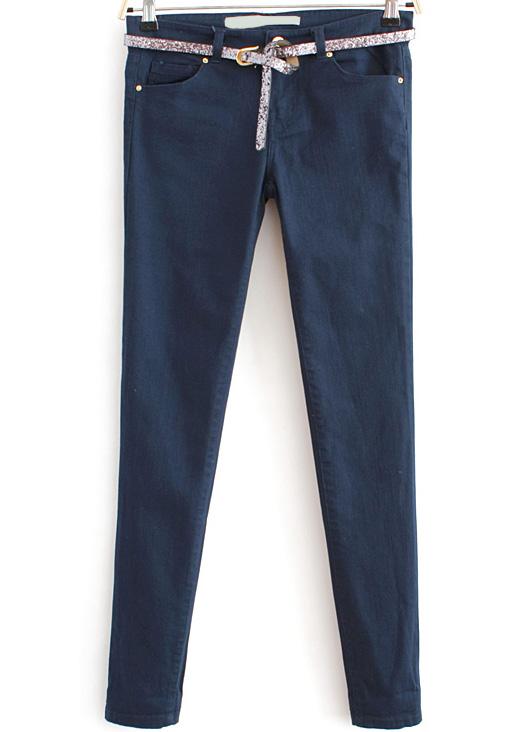 Romwe Pockets Blue Pencil Pant With Belt