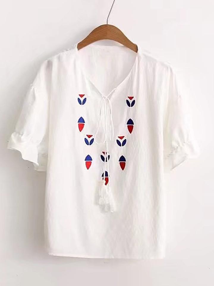 Romwe Ruffle Cuff Tassel Tie Embroidery Top