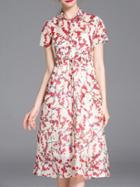 Romwe Beige Lapel Drawstring Floral A-line Dress