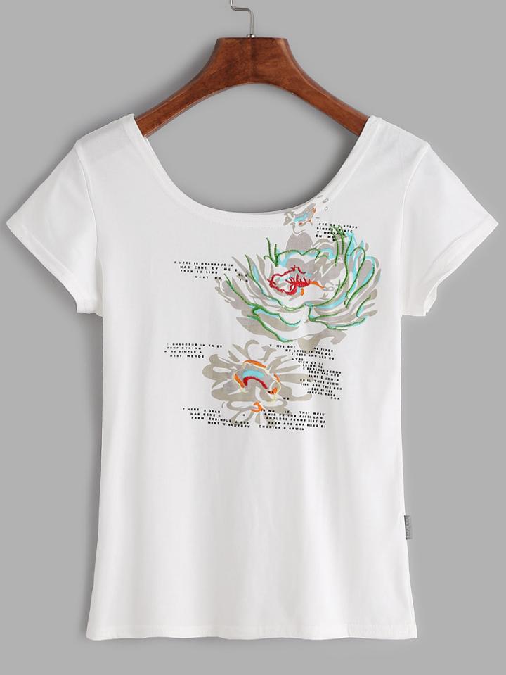 Romwe White Scoop Neck Embroidered T-shirt