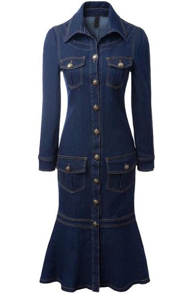 Romwe Denim Pockets Slim Fishtail Long Dress